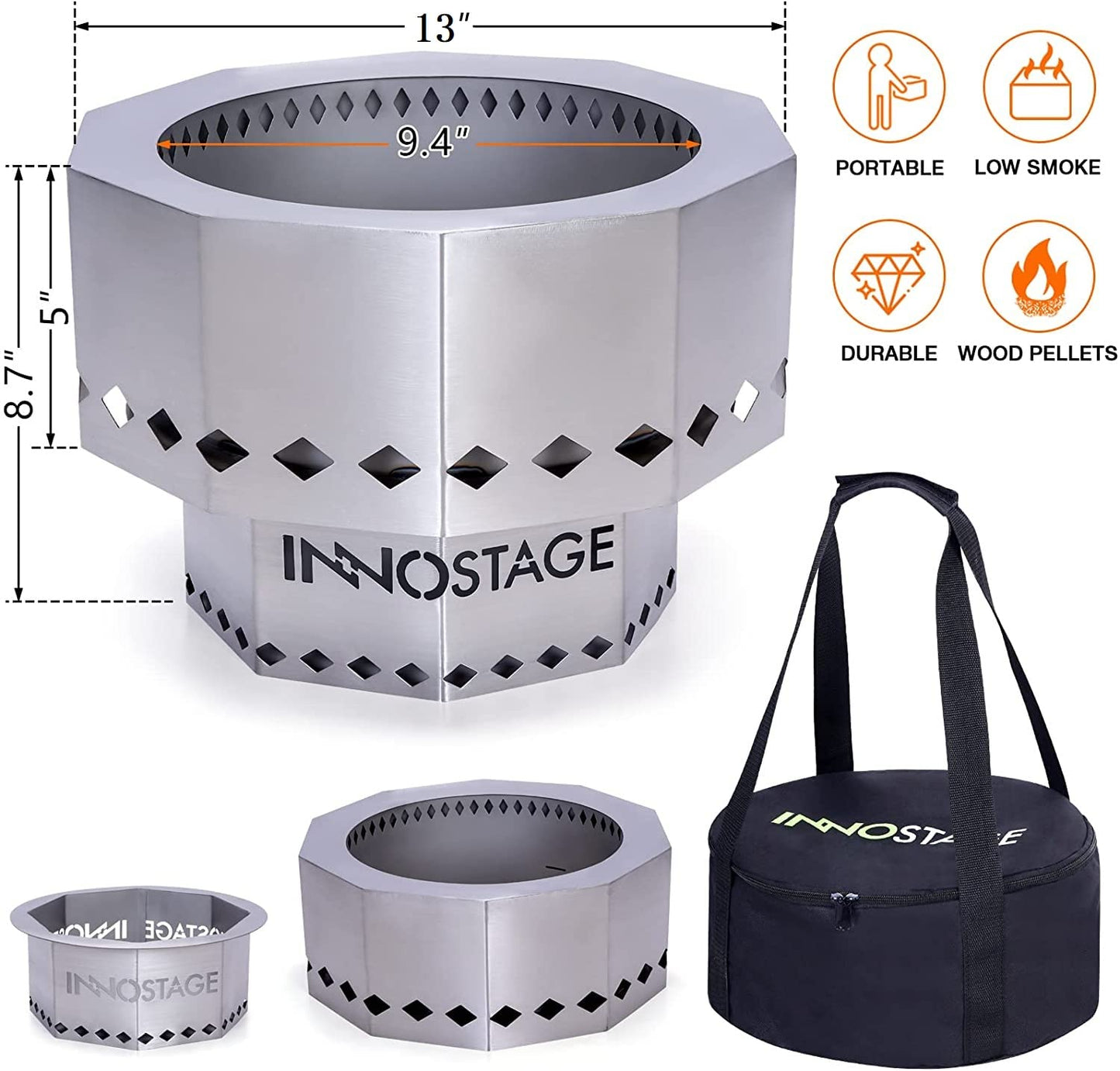 Patented Smokeless Fire Pit for Outdoor Wood Pellet Burning Spark with Portable Carrying Bag,Stainless Steel Firepit Grill Bowl of Fireplace Stove for Picnic Camping Cooking on Beach - S