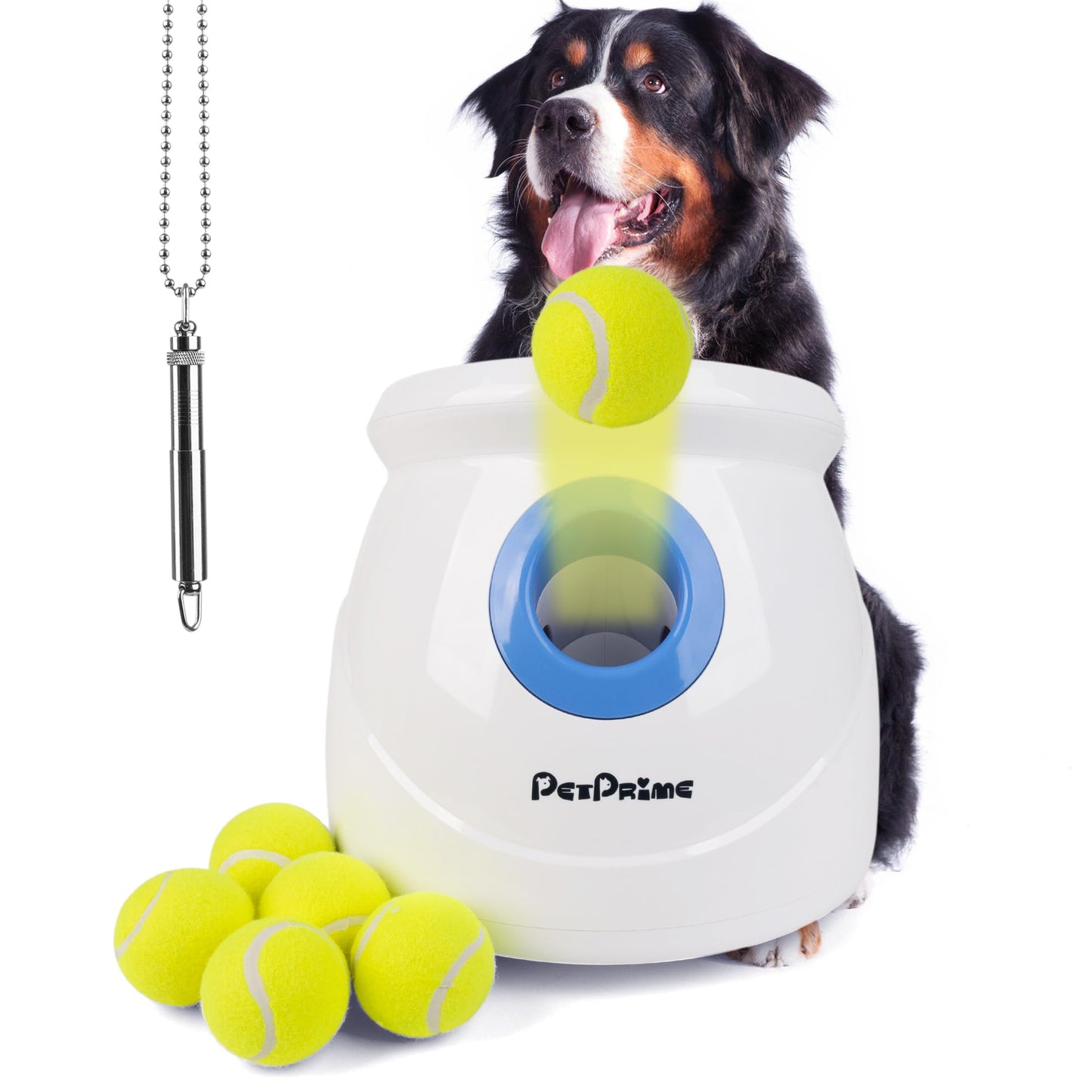Pet Prime Dog Automatic Ball Launcher for Large Dogs Ball Thrower Machine Outdoor Indoor Use Interactive Dog Toy Adjustable Distance 10-40ft - Included 6 PCS 2.5” Tennis Balls and a Whistle