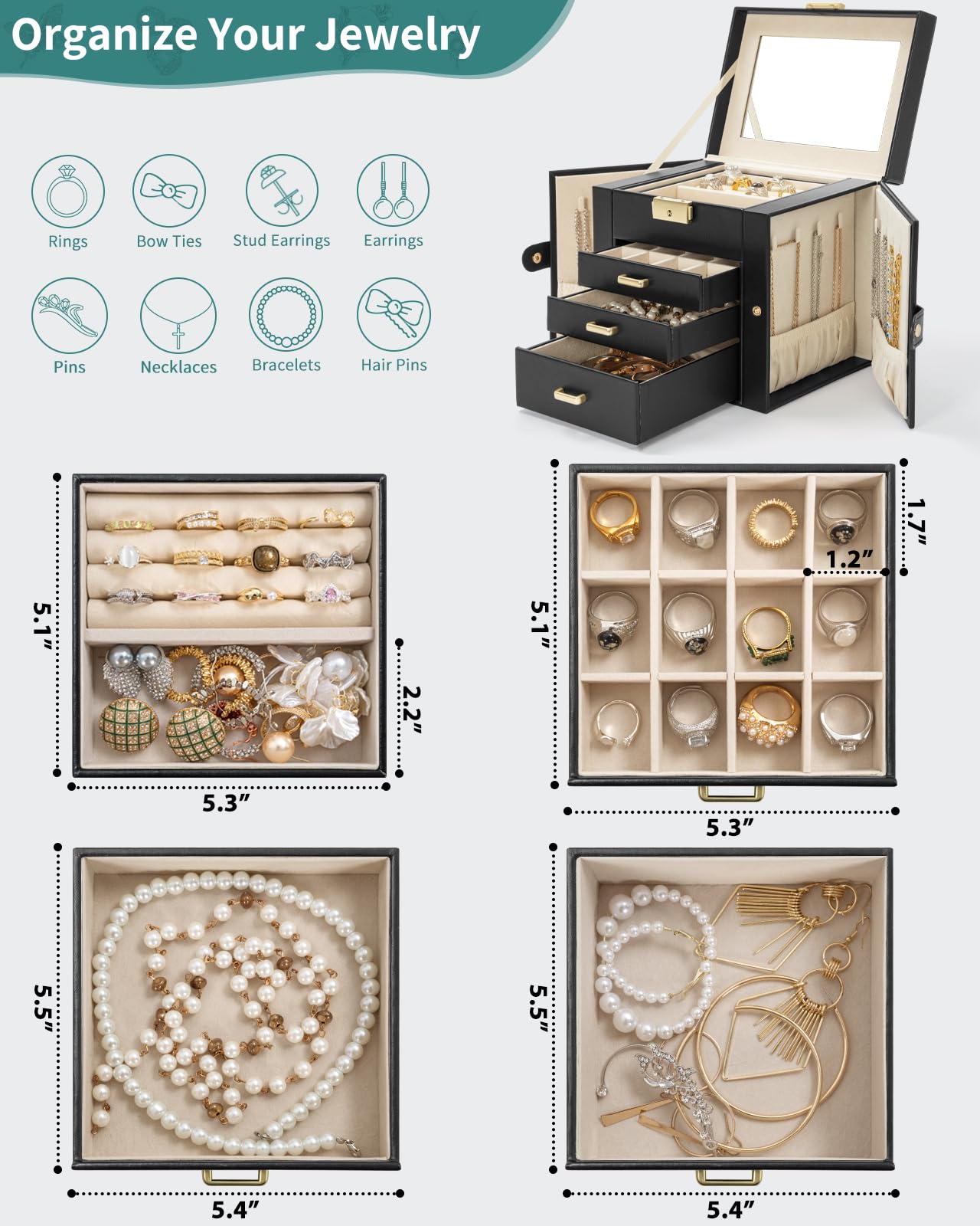 AKOZLIN 4-Tier Jewelry Box Leather Jewelry Storage Organizer with 3 Drawers Lockable for Women Girls Ring Necklace Earring Bracelet Holder with Mirror Black