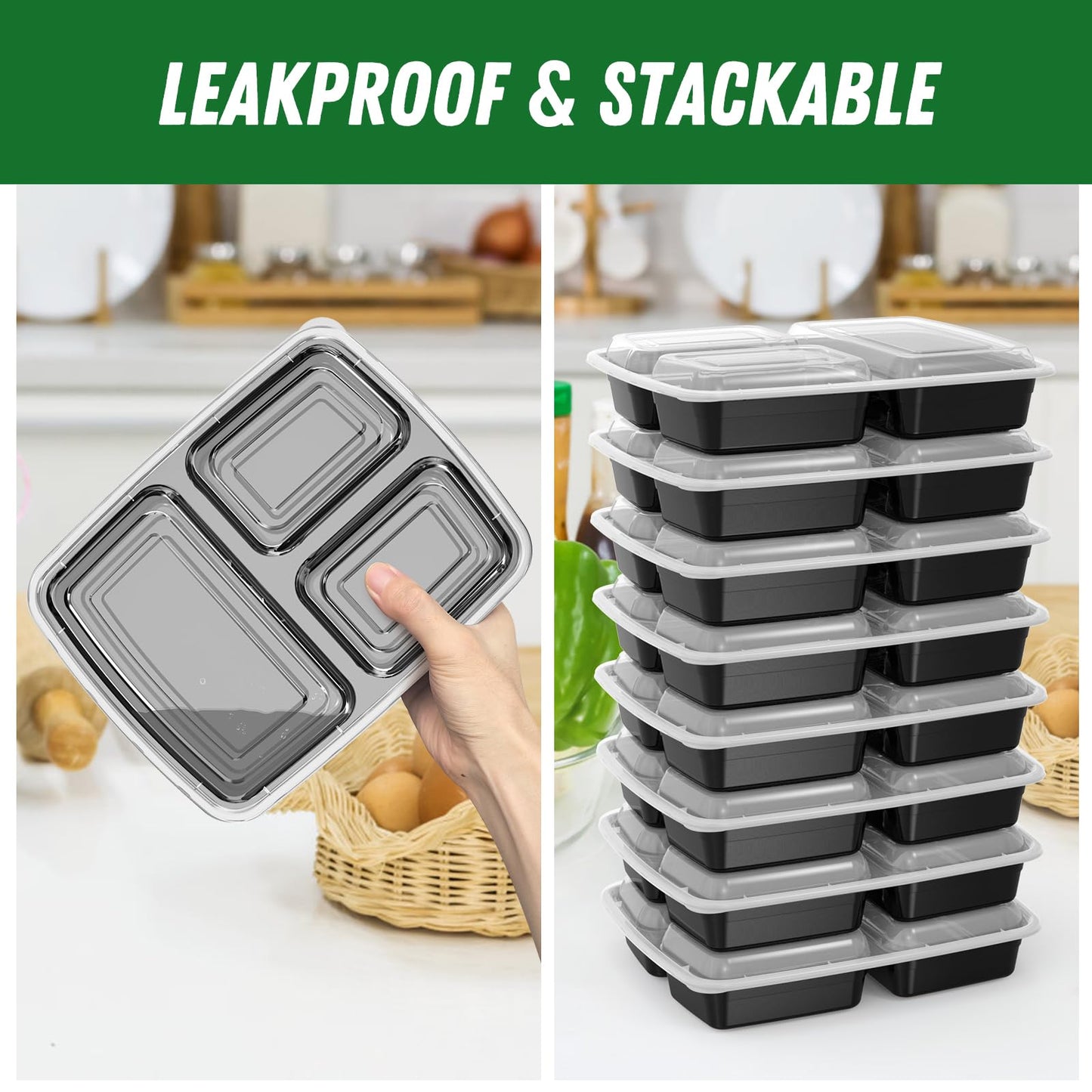 50 Pack (100-Piece) 32 oz Meal Prep Containers Reusable with Lids 3-Compartment, To Go Take Out Plastic Food Storage Containers, Sturdy Leakproof Food Safe, Microwave Freezer Dishwasher Safe, Black