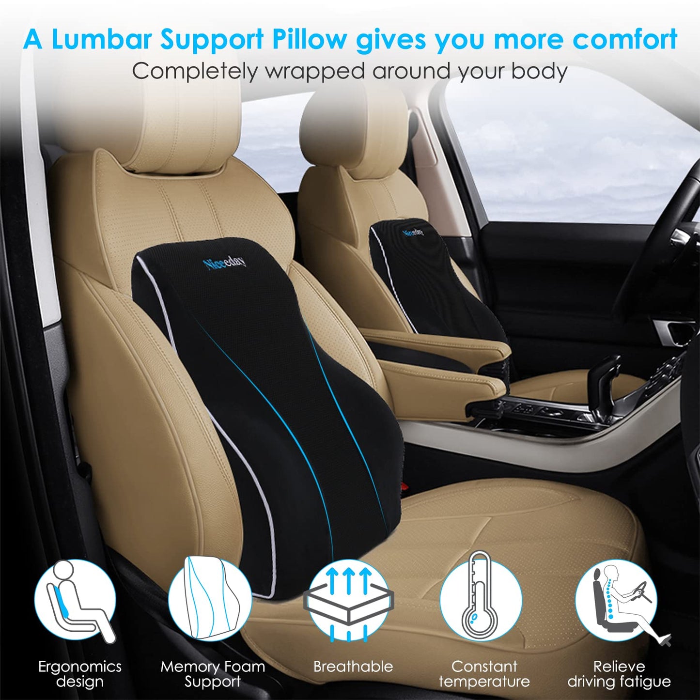 Lumbar Support Pillow for Office Chair Car Back Support Pillow, Memory Foam Gaming Chair Desk Chair Back Cushion for Lower Back Pain Relief, Ergonomic Back Rest with Double Adjustable Straps