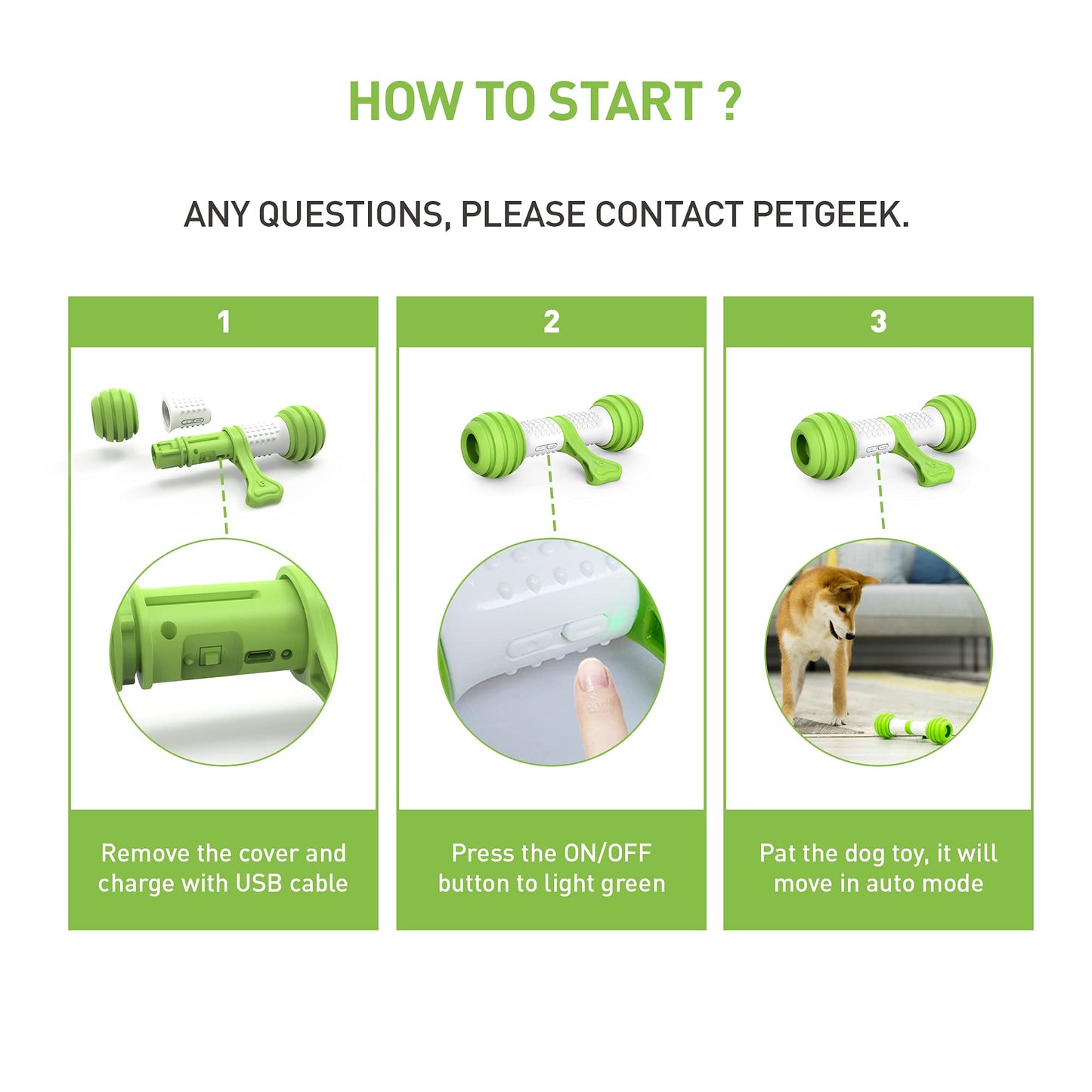 PETGEEK Interactive Dog Toys, Motion Activated Electronic Dog Toy Interactive Dog Bone Toys for Medium Large Dogs, USB Rechargeable Automatic Dog Toy for Boredom and Stimulating (Green)