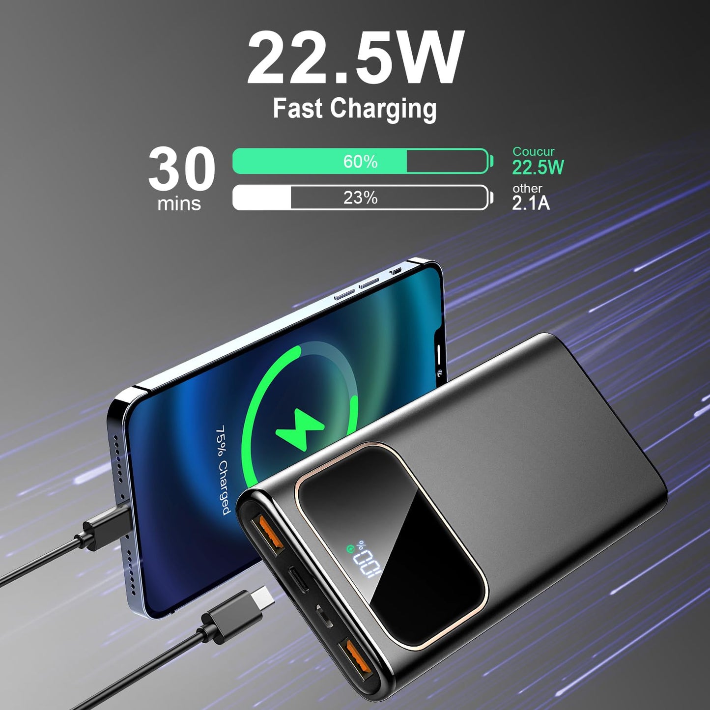 Portable Charger 10000mAh Power Bank, USB-C (Input&Output) 22.5W Fast Charging Battery Pack,PD 3.0+QC 4.0 LED Display Phone PowerBank, for iPhone Samsung and etc Smartphones and All USB Devices