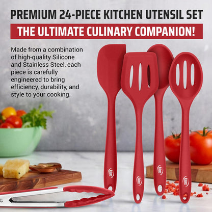 Kaluns Silicone Kitchen Utensils Set 24 Pcs Silicone Cooking Utensils Set - Can Opener, Masher, Turner, Spatula 446°F Heat Resistant Non-Stick - Premium Silicone and Stainless Steel Utensil Set