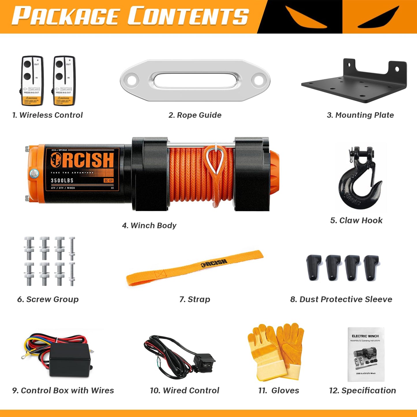 ORCISH Upgrade 3500 lb 12V DC Electric Winch, ATV/UTV Winch Kit for Towing, 1/4"×30' Synthetic Rope with Both Wireless Handheld Remote and Corded Control Recovery, Easy Assembly Winches
