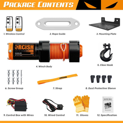 ORCISH Upgrade 3500 lb 12V DC Electric Winch, ATV/UTV Winch Kit for Towing, 1/4"×30' Synthetic Rope with Both Wireless Handheld Remote and Corded Control Recovery, Easy Assembly Winches