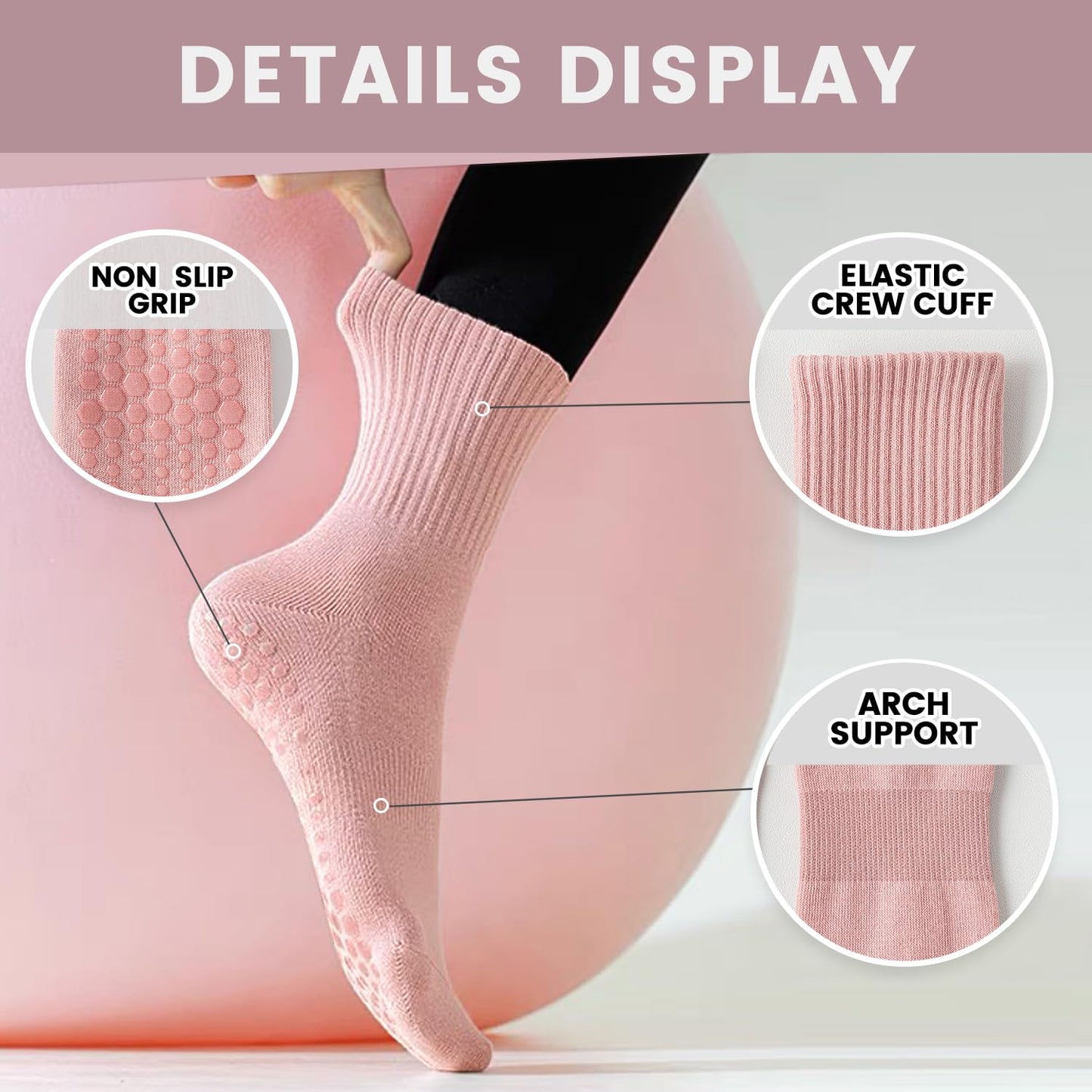 lilisilk 6 Pairs Pilates Socks with Grips for Women-Non-Slip Yoga Socks for Ballet Dance Barefoot Workout Pregnant Crew Socks