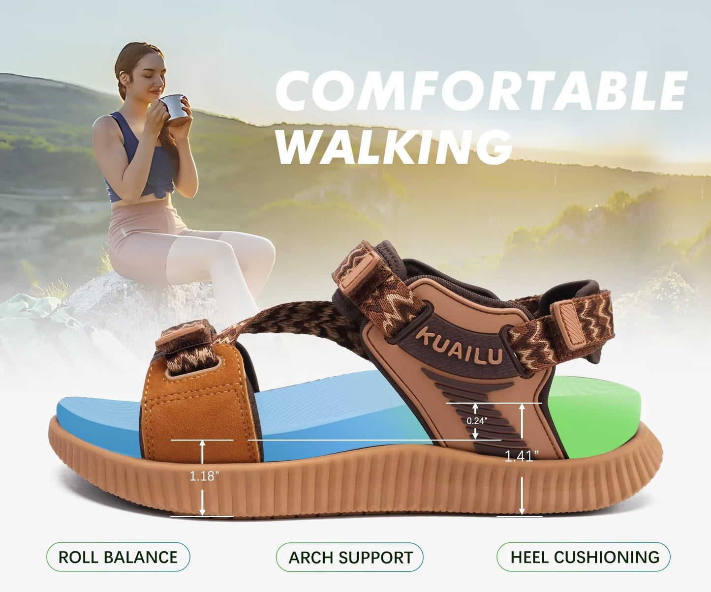 KuaiLu Walking Orthopedic Sandals Womens Comfortable Arch Support Hiking Sandles Plantar Fasciitis Athletic Sport Recovery Cushion Summer Travel Outdoor Open Toe Water Sandals Brown Khaki Size 11