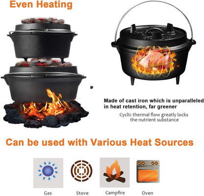 Overmont Camp Dutch Oven Pre Seasoned Cast Iron Lid Also a Skillet Casserole Pot with Lid Lifter for Camping Cooking BBQ Baking 6QT(Pot+Lid)