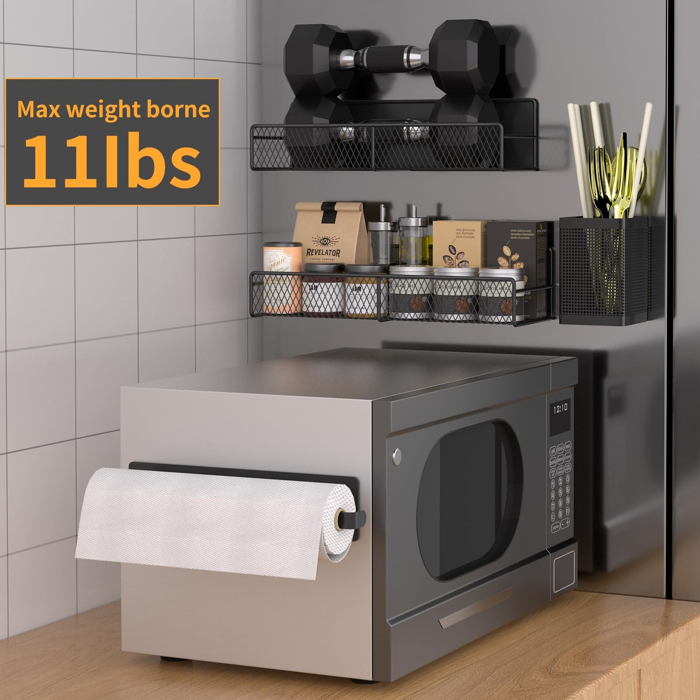 Magnetic Spice Rack for Refrigerator, 6 Pack 100% Metal Strong Magnet Shelf Black, Space Saving Spice Organizer, Home Kitchen Laundry Room Storage Organization W/ Paper Towel Holder, Utensils Racks