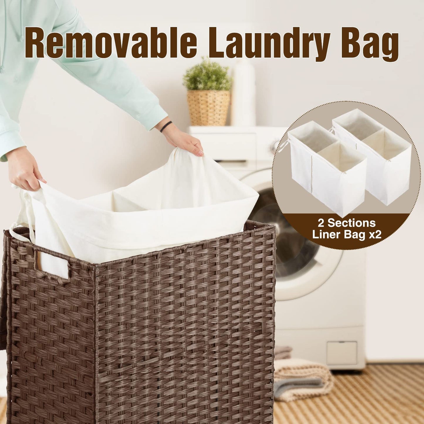 Greenstell Laundry Hamper with Wheels, No Install Needed, 110L Divided Handwoven Hampers & 2 Removable Liner Bags, Rattan Clothes Laundry Basket with Lid & Handles, Foldable Hampers Brown 22x13x26.4In