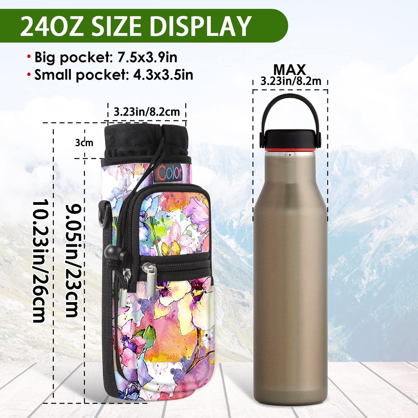 icolor Water Bottle Carrier Bag Holder 25/32/40/64oz,Adjustable Padded Shoulder & Handle Strap Sports Sling Hiking Pack,Insulated Neoprene Wide Mouth Bottle Sleeve