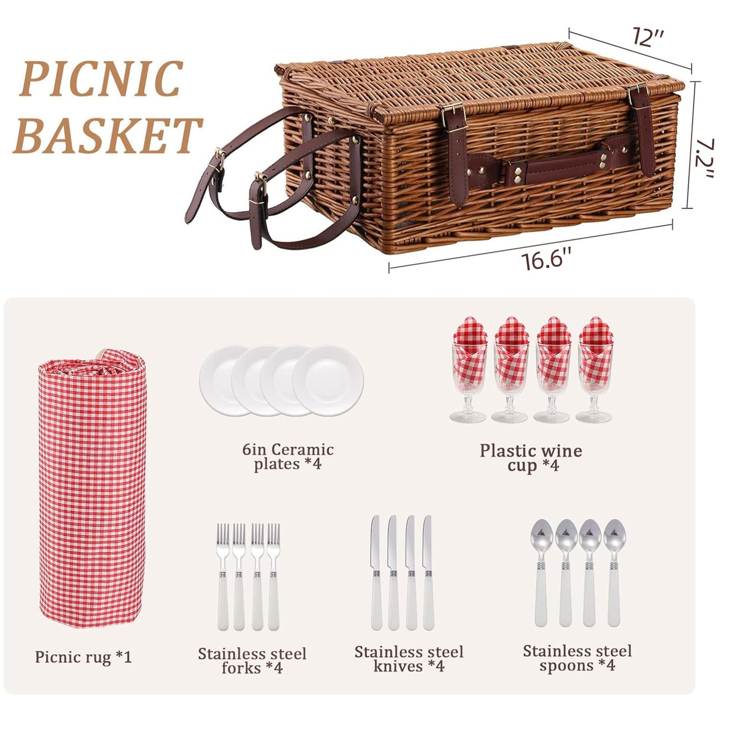 HYBDAMAI Picnic Basket for 4 Persons with Waterproof Picnic Blanket and Insulated Cooler, Large Wicker Picnic Basket for Camping, Outdoors, Valentine's Day, Christmas, Birthday, Wedding Gift