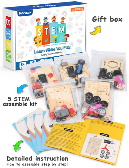 Poraxy 5 in 1 STEM Kits for Kids Age 8-10, Science Building Project Craft for 8-13, Model Car Kit, STEM Toys for Boys Girls Age 8-12, Wooden 3D Puzzles, Birthday Gifts for 6 7 8 9 10 11 12 13 Year Old