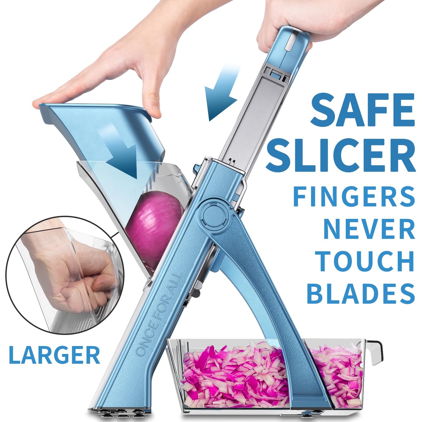 ONCE FOR ALL Upgrade Safe Mandoline Slicer Plus, Biger Size, Adjustable Vegetable Food Chopper Potato Fries Cutter, Detachable Blade, Kitchen Chopping Artifact, Gift (SkyBlue)