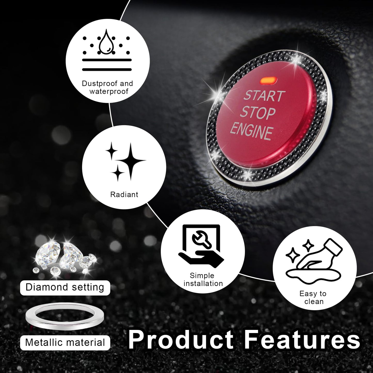 LivTee 2 PCS Crystal Double Rhinestone Car Engine Start Stop Decoration Ring, Bling Car Interior Accessories for Women, Push to Start Button Cover Sticker, Automotive Decals, Black