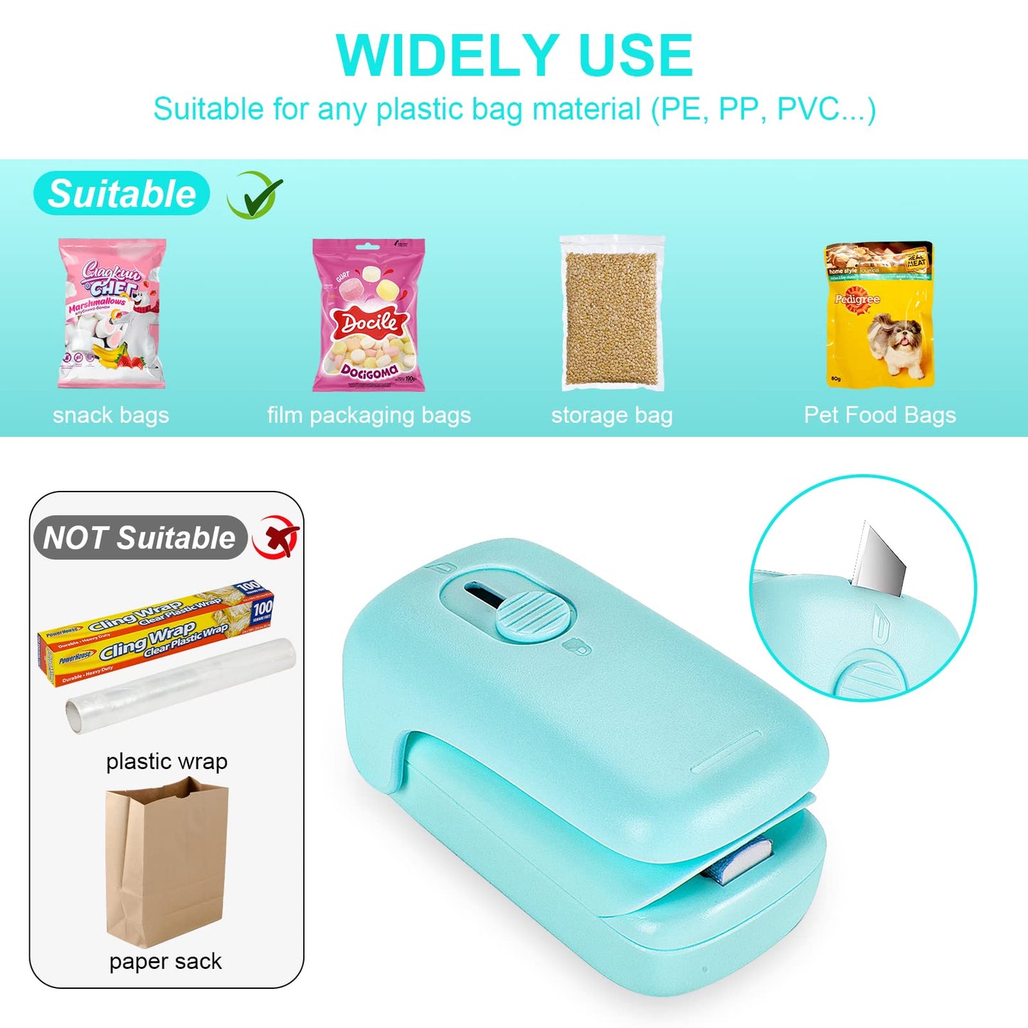 Mini Bag Sealer, Kenossion Chip Bag Sealer - Bag Sealer Heat Seal with Cutter & Magnet, Portable Mini Sealing Machine to Reseal Plastic Bags & Keep Snacks Fresh (2xAA Batteries Included), green