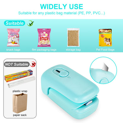 Mini Bag Sealer, Kenossion Chip Bag Sealer - Bag Sealer Heat Seal with Cutter & Magnet, Portable Mini Sealing Machine to Reseal Plastic Bags & Keep Snacks Fresh (2xAA Batteries Included), green