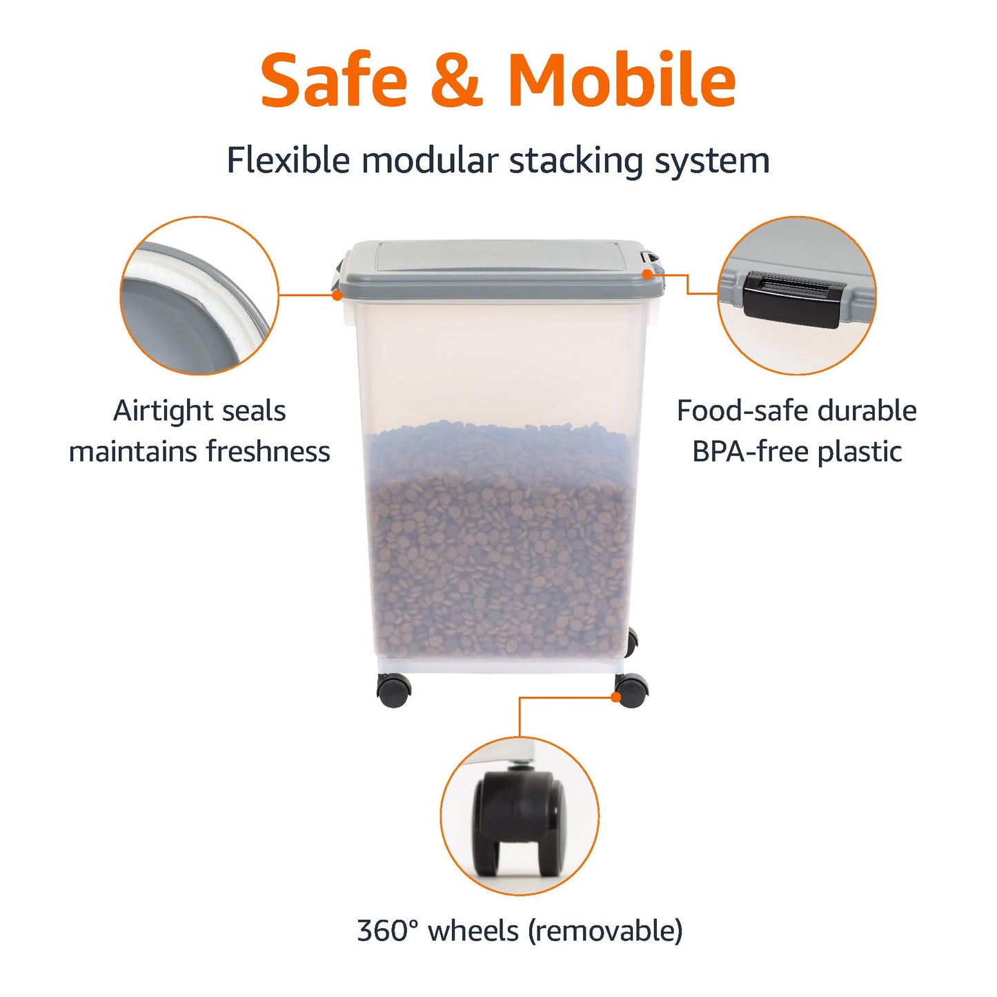 Amazon Basics Airtight Dog Food Storage Container with Scoop and Wheels, 69 QT, Gray