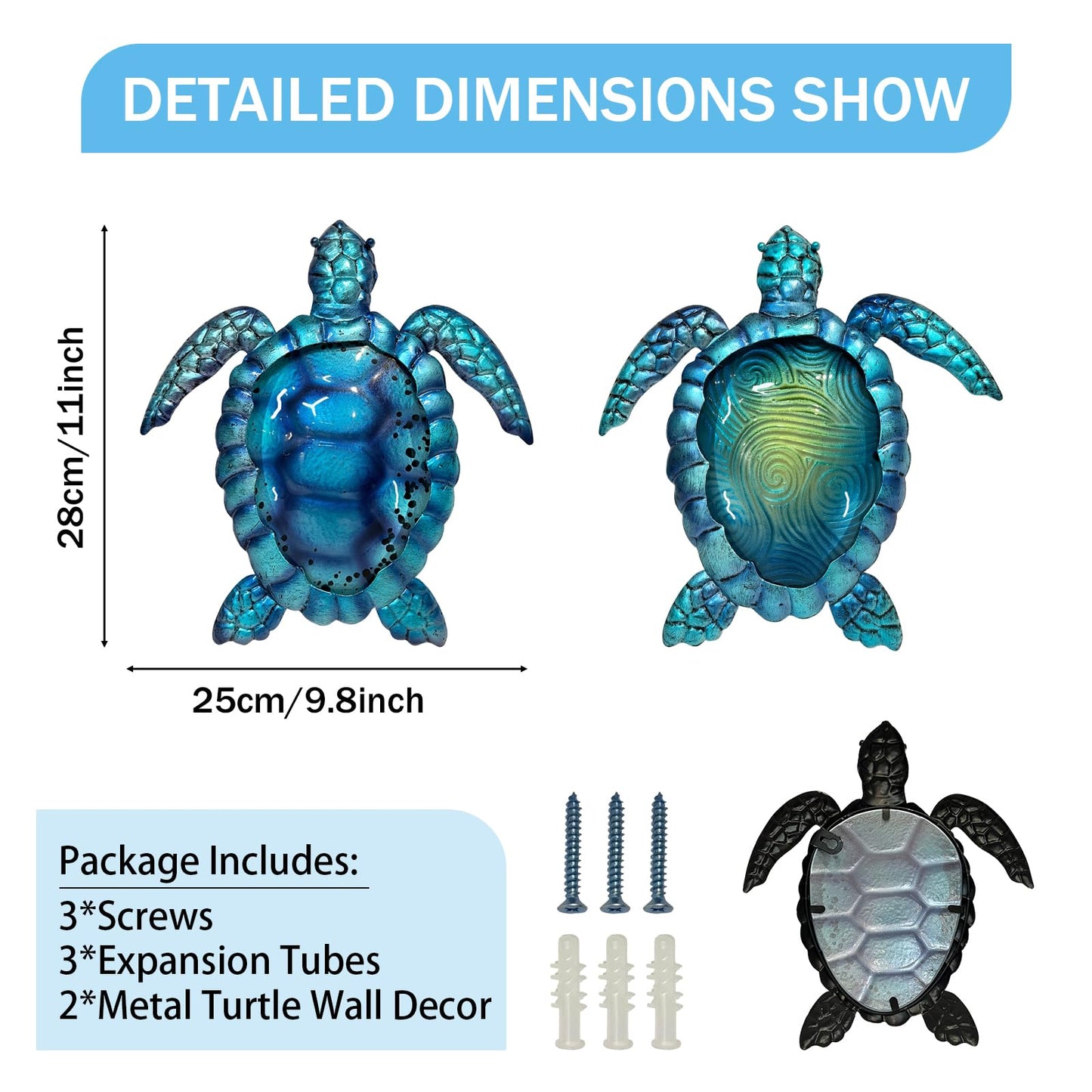LIFFY Metal Turtle Wall Art Decor Ocean Wall Hanging Coastal Wall Sculptures Beach Theme Wall Decoration for Indoor Outdoor Bathroom Beach Garden Pool (10", 2 pcs)