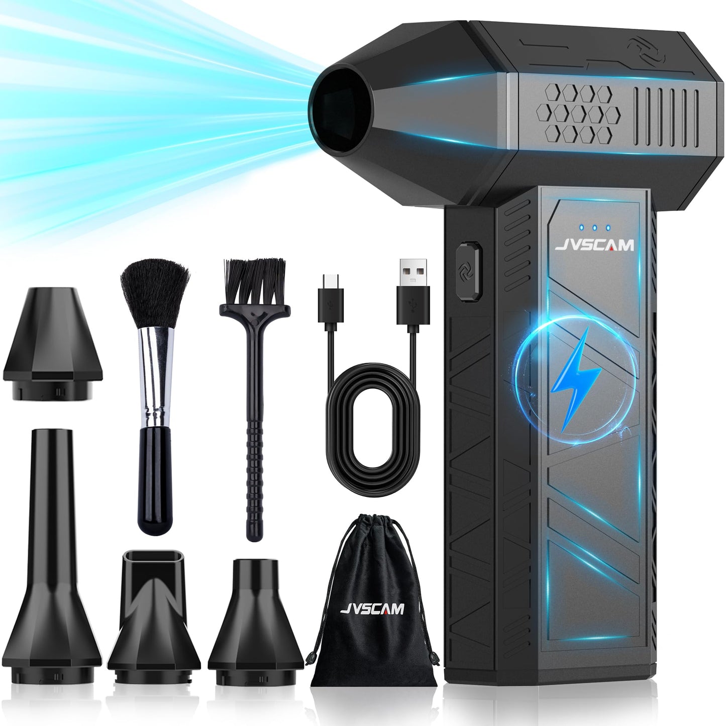 JVSCAM Compressed Air Duster - Electric Air Duster with Brushless Motor - 3 Gear Adjustable Cordless Air Blower - Rechargeable Air Duster for PC, Keyboard, Car, Outdoors, Home (X3)