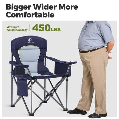 ALPHA CAMP Oversized Camping Chair Heavy Duty Lawn Chair with Cooler Bag Support 450 LBS Steel Frame Collapsible Padded Arm Folding Chair for Outdoor,Blue