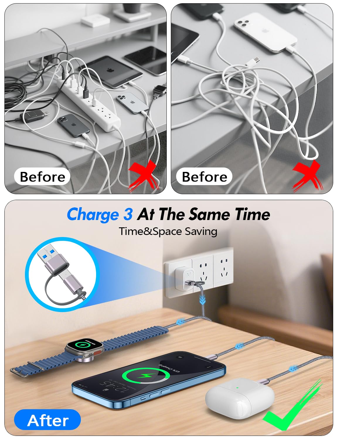 2Pack Multi Fast Charging Cable for Travel Vacation Essentials,Apple Watch Charger,iPhone Charger [3-in-2] USB A/Type C/Lightning Cable for iWatch,iPhone 16-11,Nintendo Switch,Airpods,Car,Camping-4FT