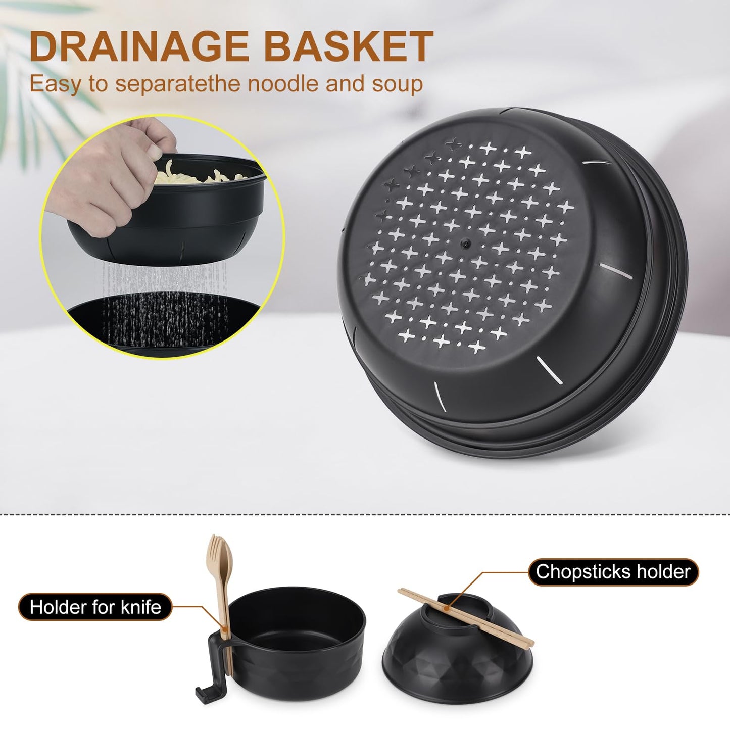 Ramen Bowl Set of 2, Ramen Cooker 33 oz, Ramen Bowls with Chopsticks and Spoon, Microwave Pasta Cooker, Ramen Bowl Microwave Gift College Dorm Essentials for Girls Guys (Black)