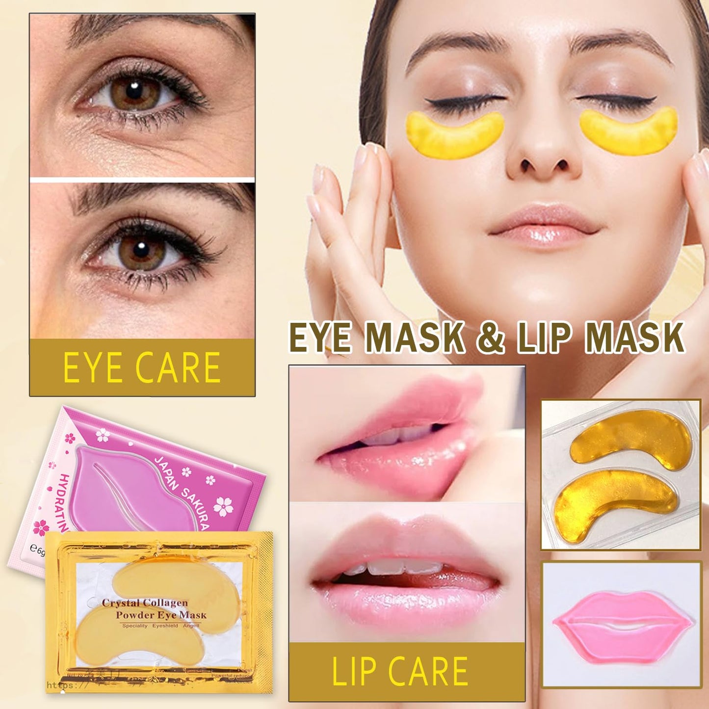 30 Pairs 24K Gold Eye Masks & Lip Masks, Crystal Collagen Gel Under Eye Patches for Puffy Eye, Moisturizing Cooling Skin Care Lip Eyes Patches for Puffiness and Dark Circles