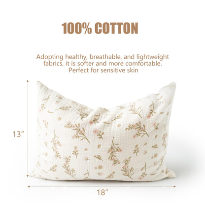 Konssy Muslin Toddler Pillowcase for 13x18 Pillow, 2 Pack Soft & Breathable Cotton Toddler Pillow Case, 100% Cotton Travel Pillow Covers for Baby Kids (Floral, Pink)