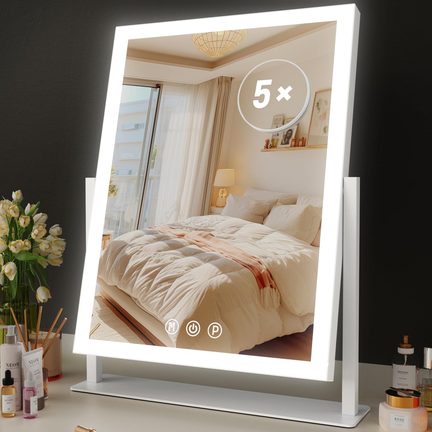 Gvnkvn Lighted Makeup Mirror, 17.2"x13.6" Hollywood Vanity Mirror with Lights, Three Color Modes, Smart Touch Control, 360°Rotation,with 5X Magnifying Glass