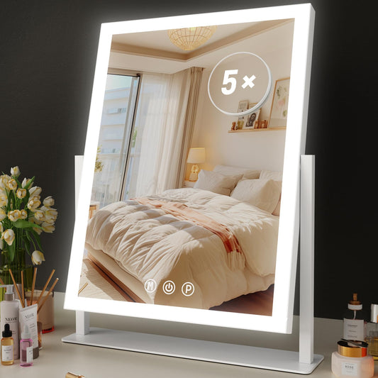 Gvnkvn Lighted Makeup Mirror, 17.2"x13.6" Hollywood Vanity Mirror with Lights, Three Color Modes, Smart Touch Control, 360°Rotation,with 5X Magnifying Glass