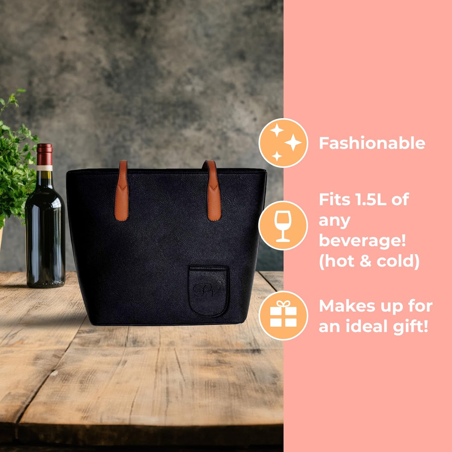 PortoVino Classic Tote Bag - Vegan Leather Wine Purse with Hidden Spout and Dispenser Flask for Wine Lovers that Holds and Pours 2 Bottles! For Traveling, Concerts, Bachelorette Party - Black