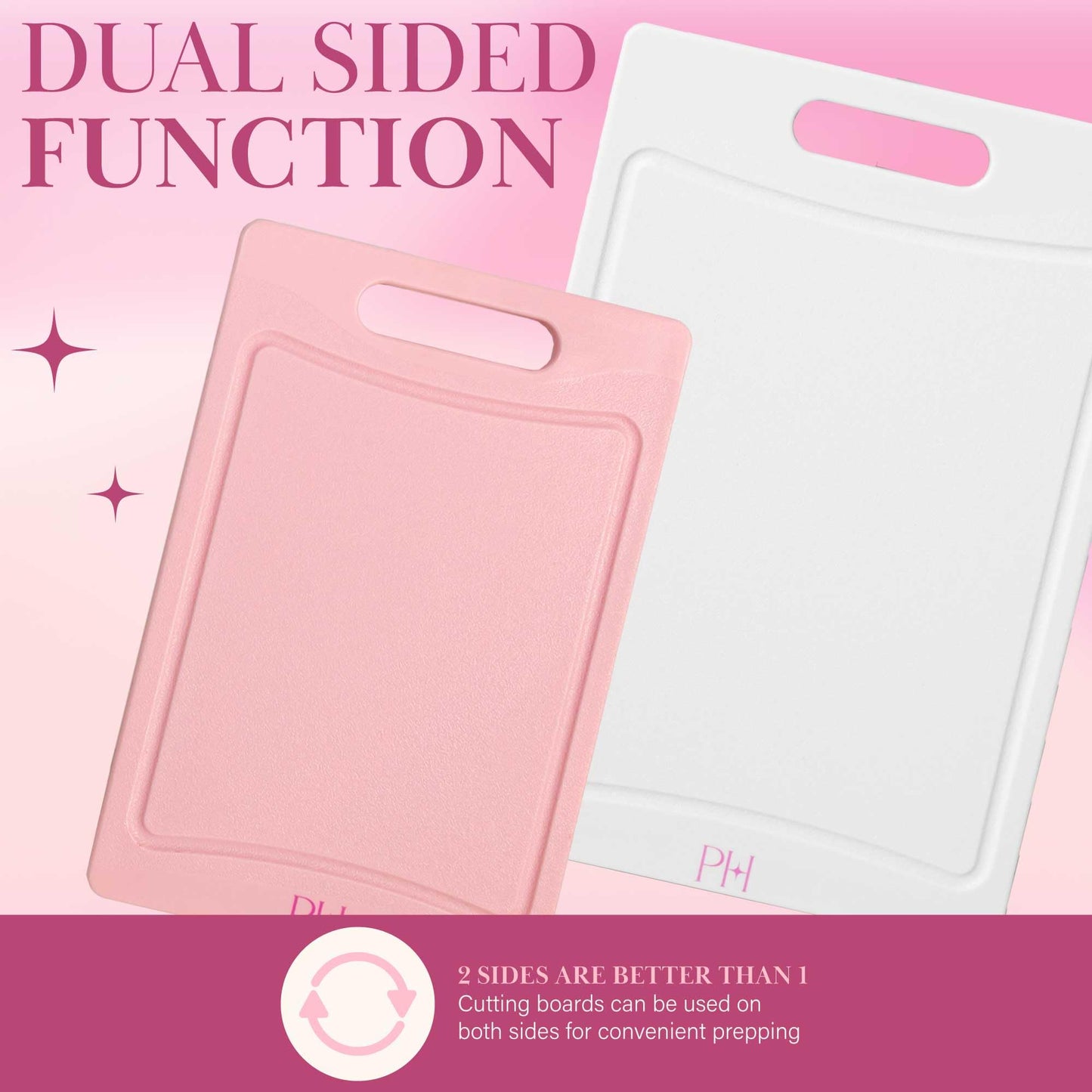 Paris Hilton Cutting Boards, Dual-Sided Cutting Board Set with Built-in Juice Grooves, Easy-Grip Handles, Heavy-Duty Plastic Made without BPA, Dishwasher Safe, 3-Piece Set, Pink and Cream