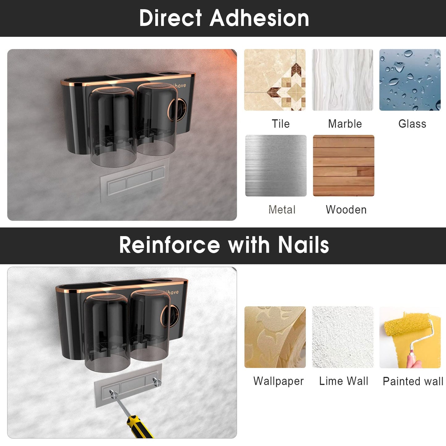 iHave Toothbrush Holders Bathroom Accessories with Toothpaste Dispenser, 2 Cups Toothbrush Holder Wall Mounted Bathroom Decor