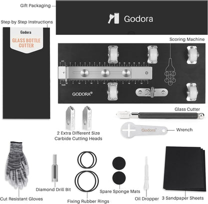 Godora Glass Bottle Cutter, Upgraded Glass Cutter for Bottles & Glass Cutter Bundle - DIY Machine for Cutting Wine, Beer or Soda Round Bottles & Mason Jars, Perfect Score Bottle Cutter