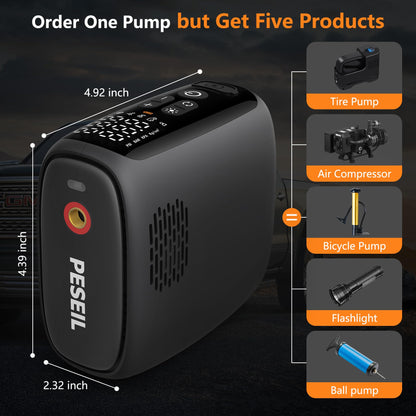 PESEIL Tire Inflator Portable Air Compressor, 28 Cylinders 12V Air Compressor, 140W Auto Shut-Off with LED Light 150psi Pump, Portable Air Compressor for Car Tires, Bicycle, Moto, Ball etc.