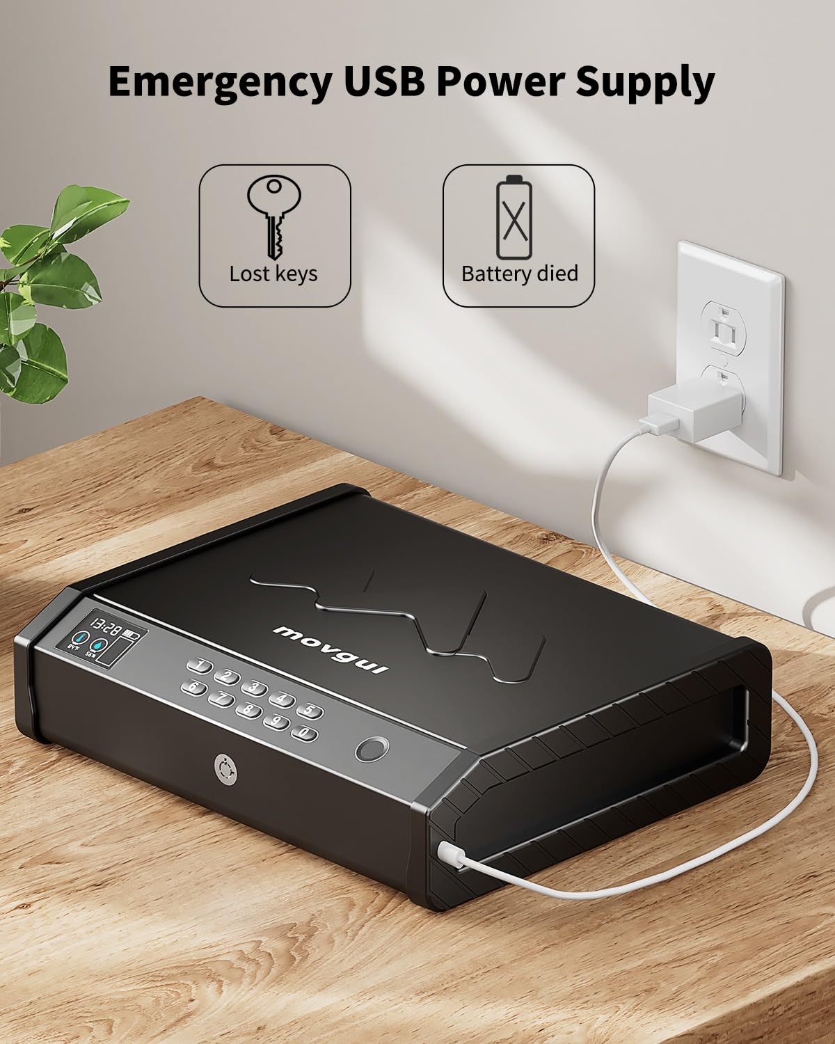 movgul Gun Safes, Biometric Pistol Safe with LCD Display of Temperature Humidity USB Port, Gun Safes 3 Ways Quick Access Fingerprint Handgun Safe for Nightstand Car