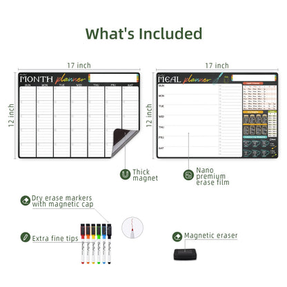 Magnetic Dry Erase Monthly Calendar and Menu Board - 17"x12" Monthly Planner and Meal Planning Board for Fridge - 6 Extra Fine Point Markers Included - Shipped Flat