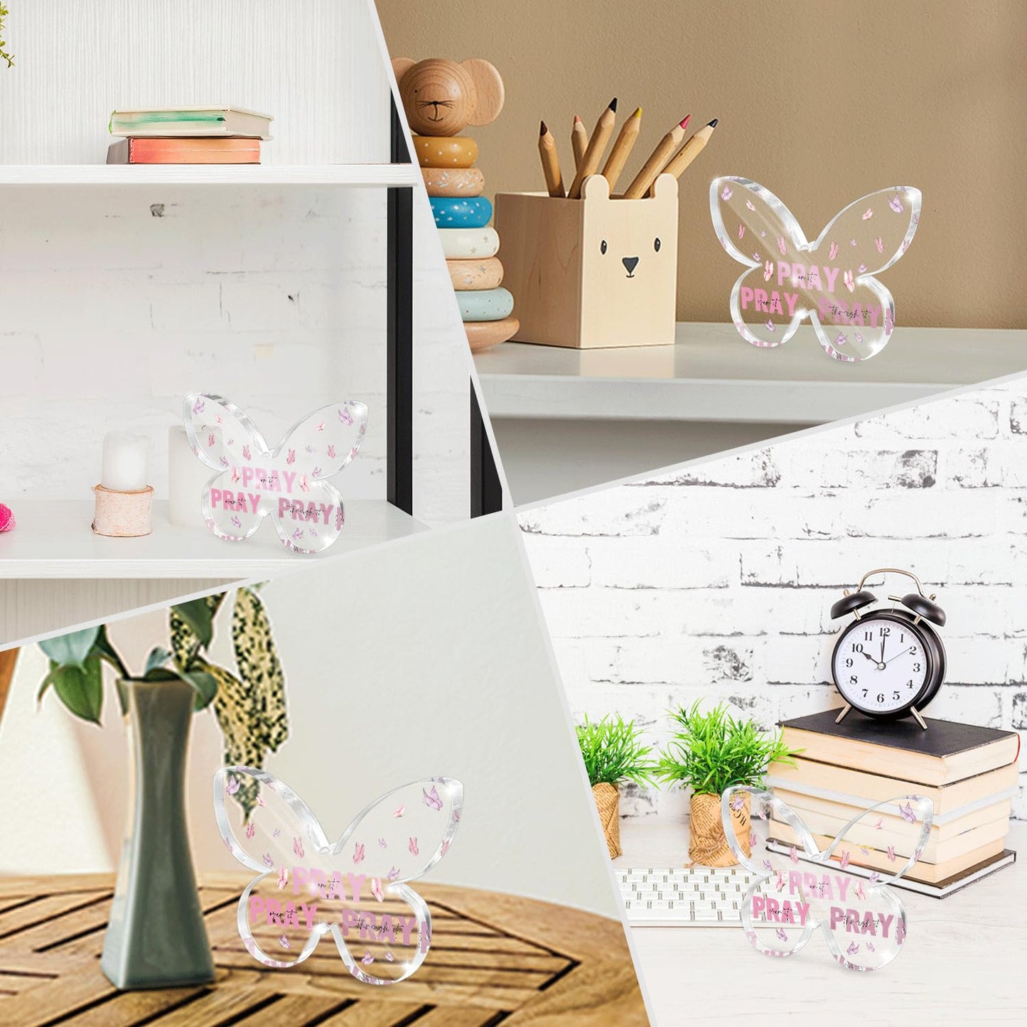 Pink Christian Gifts for Women, Religious Plaques Christian Woman Decor Gifts, Modern Home Office Room Bathroom Bedroom, Pray On It Over It Acrylic Sign for Teacher Boss Friend(Butterfly)