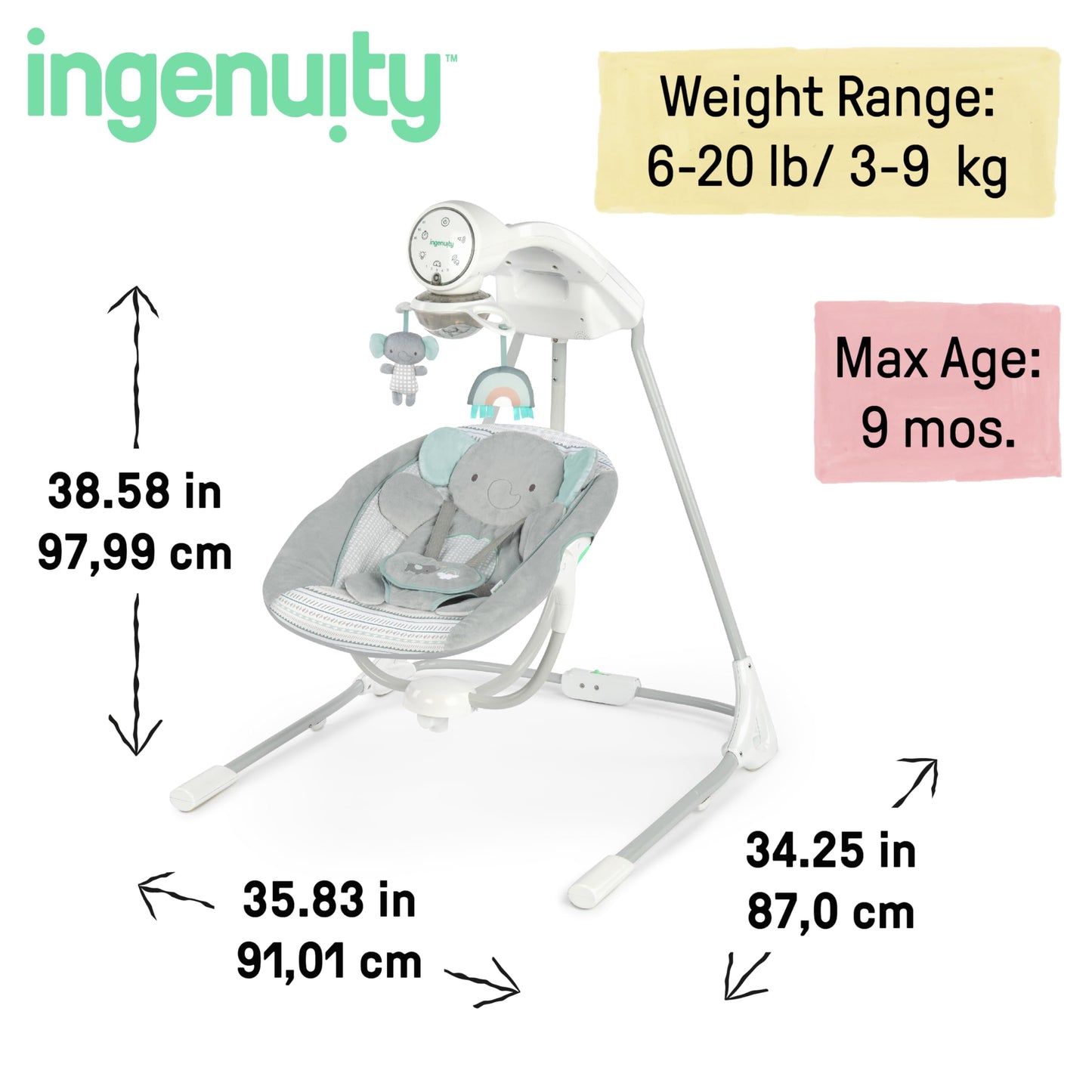 Ingenuity InLighten 5-Speed Baby Swing - Swivel Infant Seat, 5 Point Safety Harness, Nature Sounds, Lights - Van Elephant