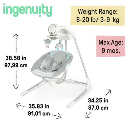 Ingenuity InLighten 5-Speed Baby Swing - Swivel Infant Seat, 5 Point Safety Harness, Nature Sounds, Lights - Van Elephant