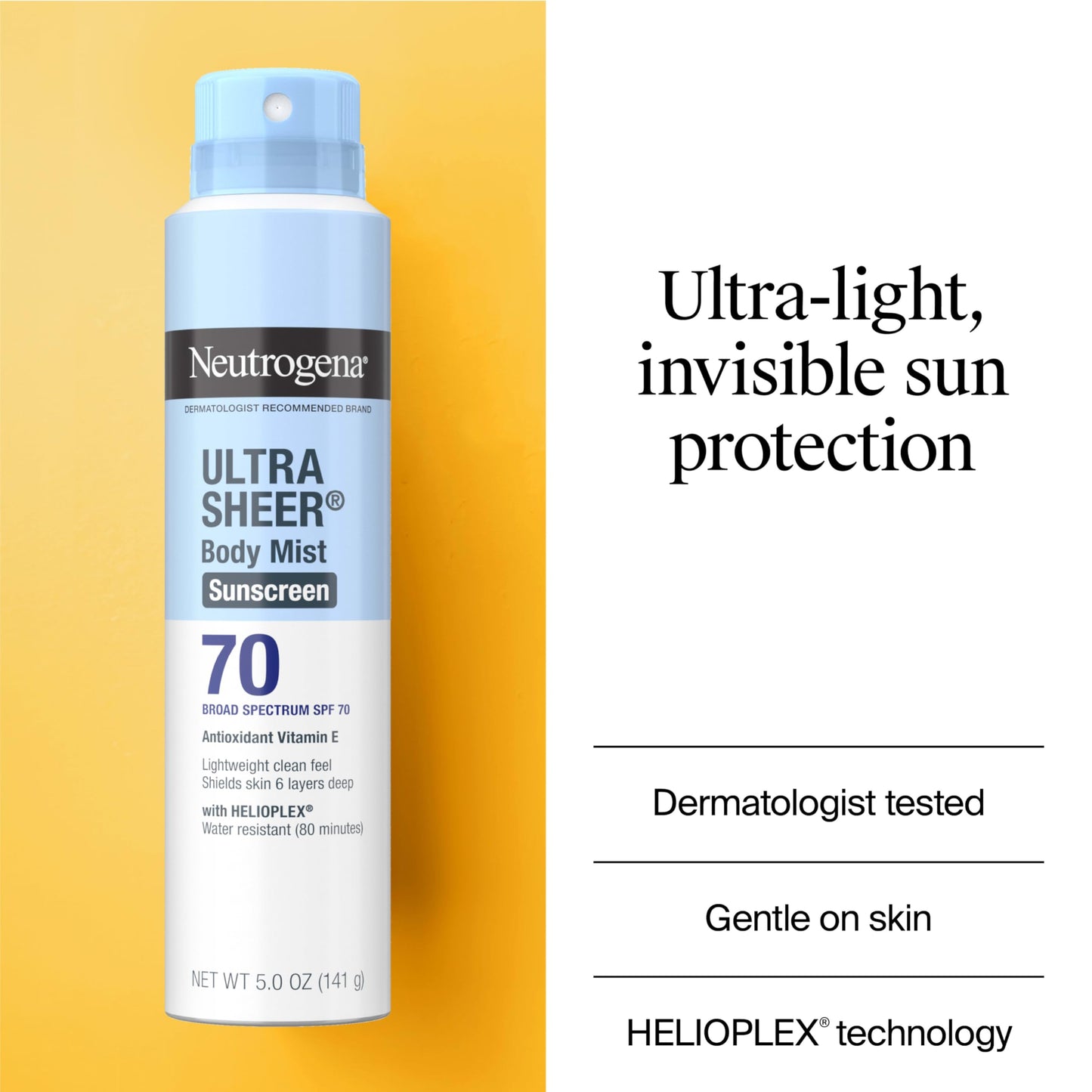 Neutrogena Ultra Sheer Body Mist Sunscreen Spray, Broad Spectrum SPF 70, Lightweight Spray Sunscreen, Non-Greasy & Water Resistant, Oil-Free & Non-Comedogenic UVA/UVB, 5 oz, Pack of 3