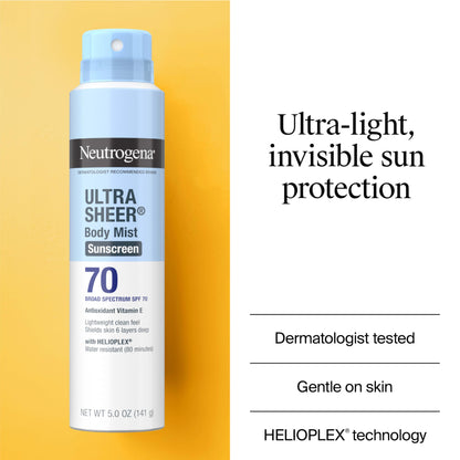 Neutrogena Ultra Sheer Body Mist Sunscreen Spray, Broad Spectrum SPF 70, Lightweight Spray Sunscreen, Non-Greasy & Water Resistant, Oil-Free & Non-Comedogenic UVA/UVB, 5 oz, Pack of 3