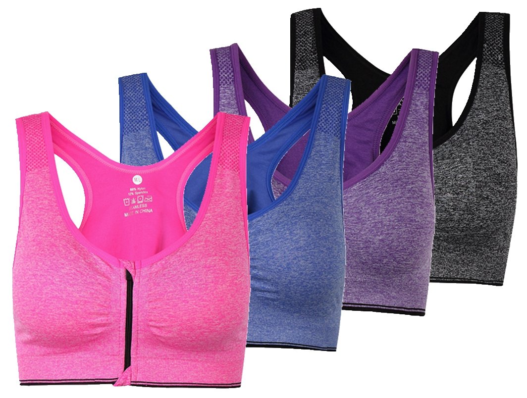 ohlyah Women's Zipper Front Closure Sports Bra Racerback Yoga Bras (XXL 40C 40D 42B 42C, 4 Pack: Pink Blue Grey Purple)
