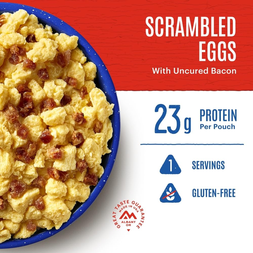 Mountain House Scrambled Eggs with Uncured Bacon | Freeze Dried Backpacking & Camping Food | 1 Serving | Gluten-Free