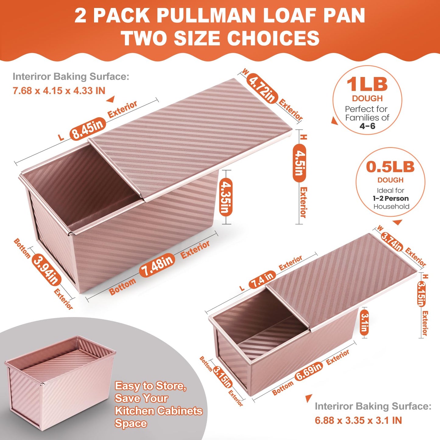 Pavsrmy 2 Pack Pullman Loaf Pan with Lid, 1 lb/0.5 lb Dough Capacity, Premium Non-Stick Sandwich Bread Loaf Pan with Lid, Carbon Steel Corrugated Bread Toast Box Mold with Cover for Baking