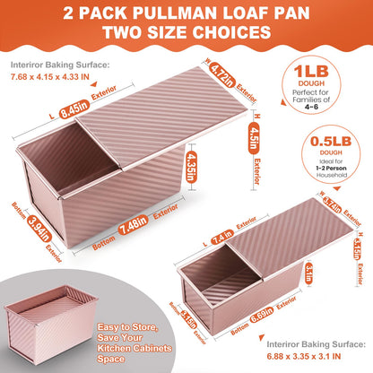 Pavsrmy 2 Pack Pullman Loaf Pan with Lid, 1 lb/0.5 lb Dough Capacity, Premium Non-Stick Sandwich Bread Loaf Pan with Lid, Carbon Steel Corrugated Bread Toast Box Mold with Cover for Baking