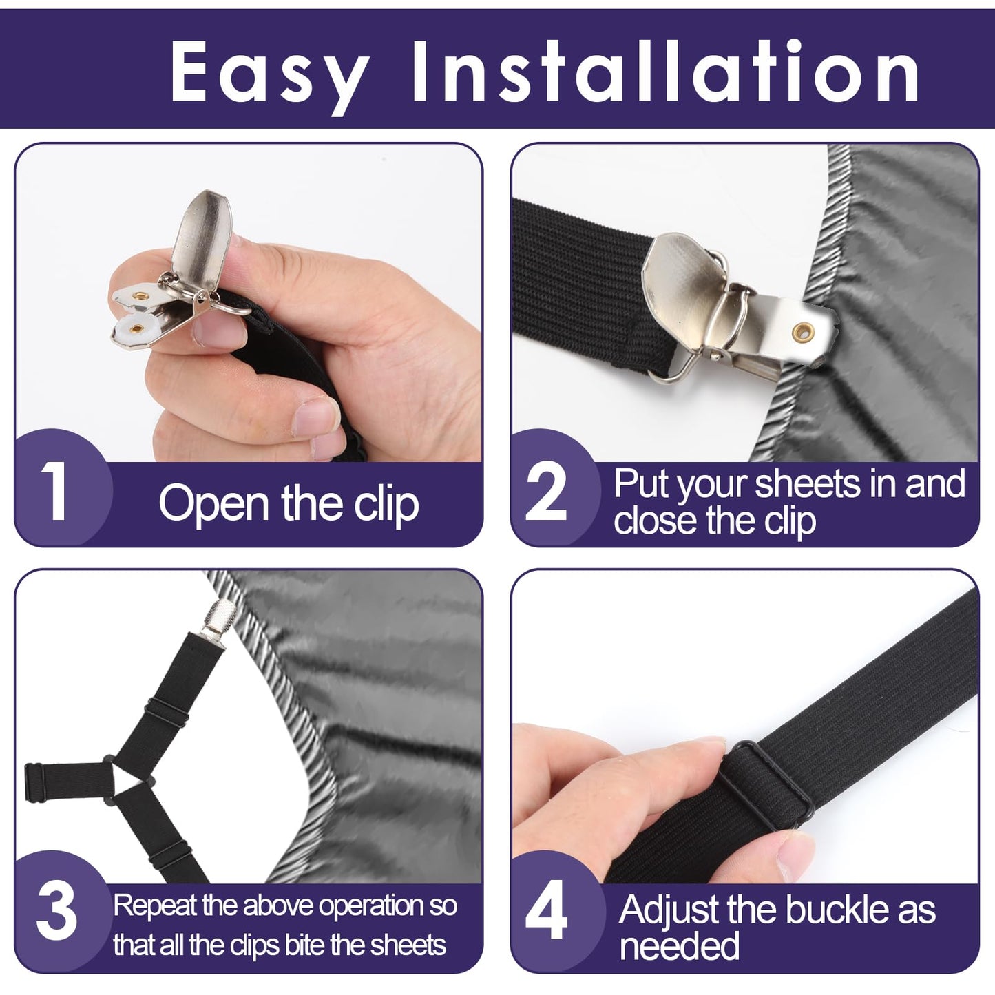 Luyena Bed Sheet Straps,6 PCS Secure and Fitted Sheet Straps for Full Size Bed,Adjustable Sheet Clips Elastic Fasteners Holders for Corners,Enhance Your Sleeping Experience(Black)