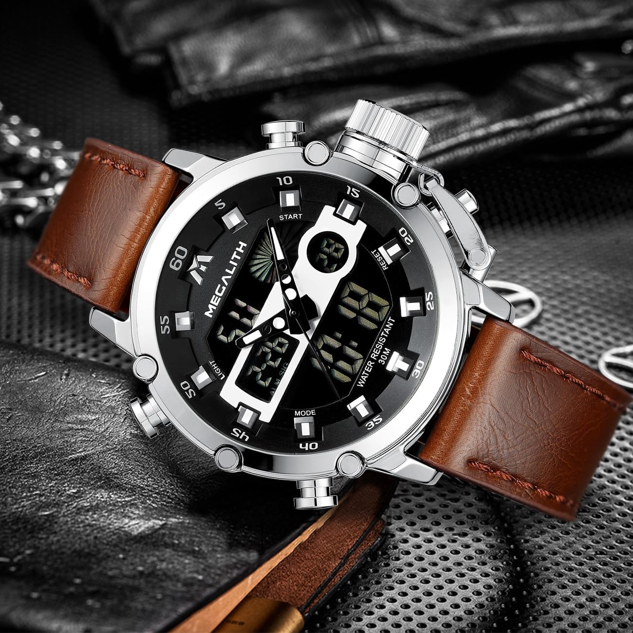 MEGALITH Mens Watches with Leather Waterproof Digital Military Sport Tactical Multifunction Heavy Duty Led Silver Watch for Men, Alarm Stopwatch
